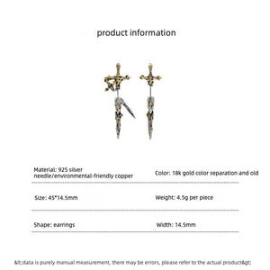May include: A pair of earrings shaped like swords with an 18k gold and silver finish. The product information text is visible, stating the size is 45 by 14.5 mm and the weight is 4.5 grams per piece. The design features a sword hilt and blade.