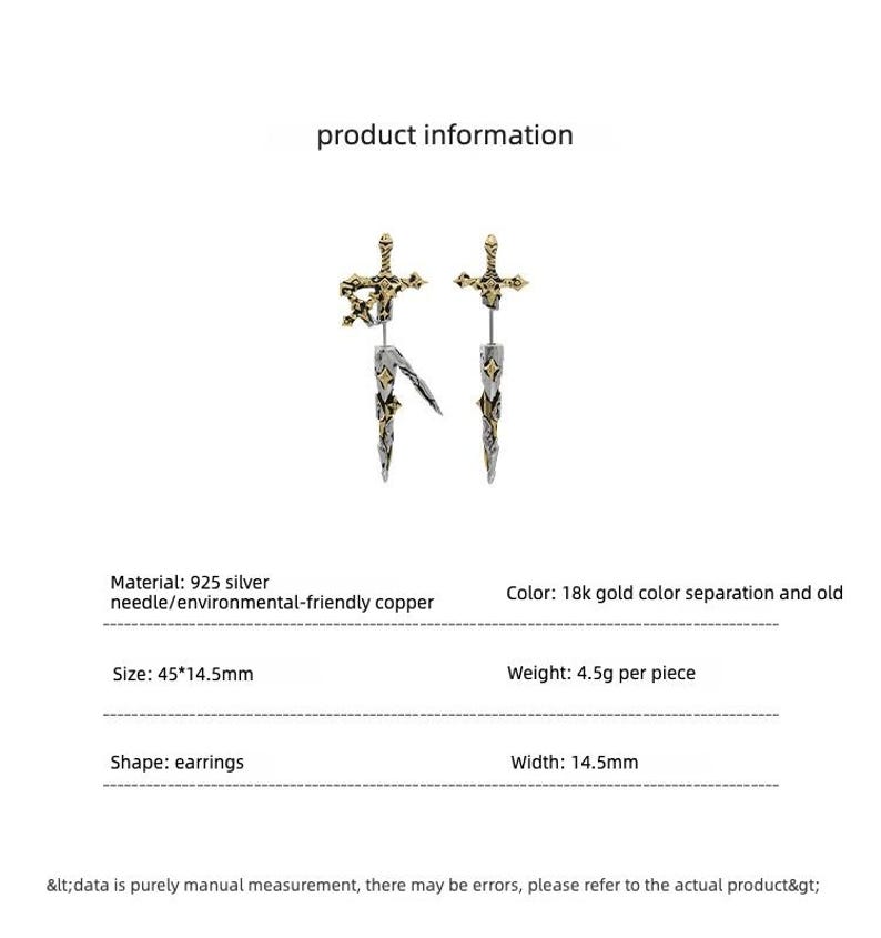 May include: A pair of earrings shaped like swords with an 18k gold and silver finish. The product information text is visible, stating the size is 45 by 14.5 mm and the weight is 4.5 grams per piece. The design features a sword hilt and blade.