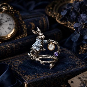 Peut inclure: Une bague argentée représentant un lapin sculpté portant un manteau bleu clair. Le lapin tient une petite horloge circulaire à cadran blanc et chiffres romains noirs. Une pierre précieuse violette est sertie sur l'anneau en forme de vigne.