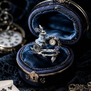 Puede incluir: Un anillo de plata con un conejo que lleva una chaqueta azul claro, sosteniendo un pequeño reloj circular con esfera blanca y manecillas negras. El aro del anillo tiene forma de ramas retorcidas con una pequeña piedra preciosa morada.