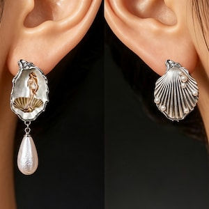 Asymmetrical The Birth of Venus Shell Earrings,925 Sterling Silver Posts, Vintage Museum Jewelry,Art Inspired Gift for Women Beach Wedding