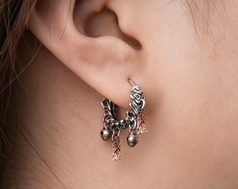 Daoist Mystic Bell Earrings, S925 Silver Brass Earrings with Cinnabar, Oriental Art Jewelry, Gift for Women