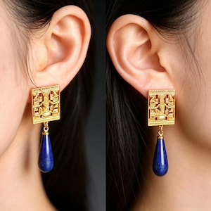 Boucles d'oreilles Isis en lapis lazuli de l'Égypte ancienne, tenons en argent 925, cadeau vintage mystique pour femmes historiques et spirituelles
