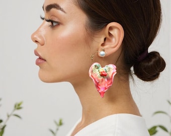 Pink Anthurium Ceramic Hoop Earrings, Sterling Silver, Floral Statement Jewelry