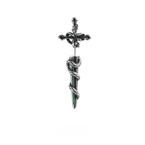 May include: A silver-toned earring featuring a cross at the top with a coiled snake design. Below the cross, a vertical bar is wrapped in a matching silver snake, revealing a vibrant green inlay along the centre of the metal structure.