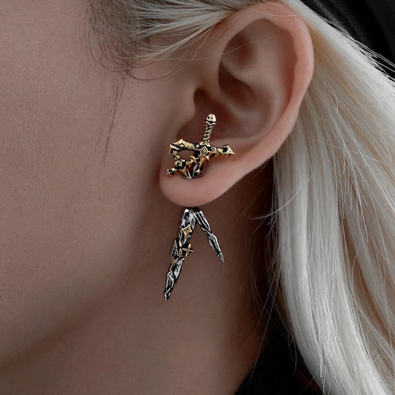 Knight Sword Earrings Gothic Dagger Ear Jacket Sterling Silver Post Witchy Tarot Jewelry Eco Copper Cz Dainty Punk Gift for Her Him