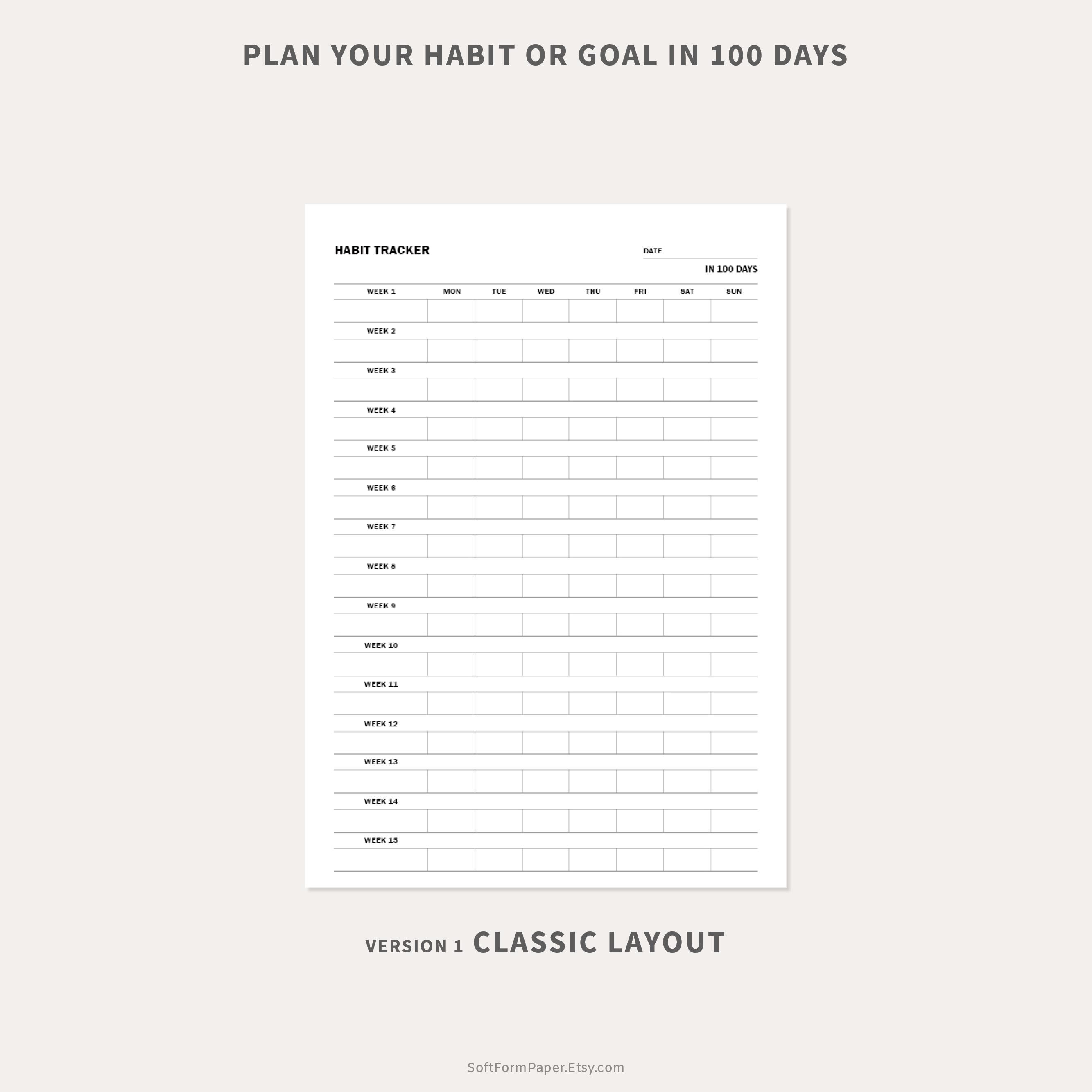100 Day Habit Tracker Printable | Minimalist PDF Planner (A5) - Etsy