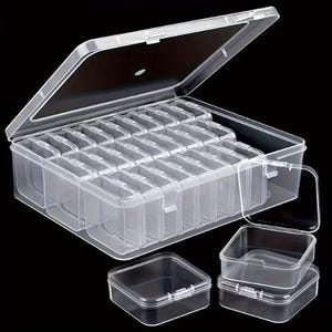 May include: Clear plastic storage box with multiple compartments and a hinged lid. The box is designed to hold small items, with several individual containers inside. Additional small, square containers are also visible.