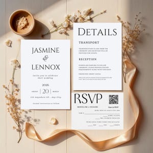 May include: A wedding invitation suite featuring a minimalist design. The suite includes invitation, details, and RSVP cards with black text on white paper. The invitation reads "Jasmine & Lennox" and includes the date and location. A gold ribbon and floral accents complete the design.