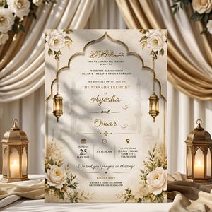 May include: An invitation card for a Nikah ceremony, featuring a cream and gold color scheme with floral accents. The card includes the names Ayesha and Omar, date, time, and venue details. Decorative lanterns and flowers frame the card.