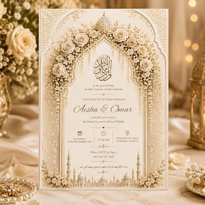 May include: An ornate wedding invitation with floral and architectural details. The invitation features the names "Aisha & Omar" and event details. The design includes a gold color scheme with decorative elements and text.