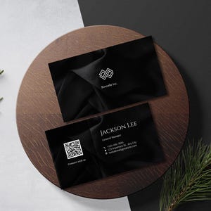 Tarjetas de visita metálicas / Tarjeta de aluminio negra personalizada grabada, diseño con código QR / Logotipo exclusivo de lujo para pequeñas empresas / Plantilla de Canva