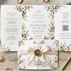 Op de afbeelding: Elegante trouwuitnodiging met bloemaccenten en een crèmekleurig lint. De uitnodiging bevat de namen Amelia Rose en Richard James, samen met evenementdetails. Inclusief een QR-code voor RSVP en een gouden pen.