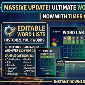 Bewerkbaar ESL Word Lab-spel – Interactieve Smart Board-woordenschat met timer en tips (directe download)