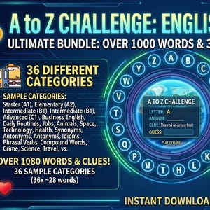 Juego de palabras en inglés de la A a la Z (ESL), 36 categorías, actividad interactiva para el aula (descarga digital)