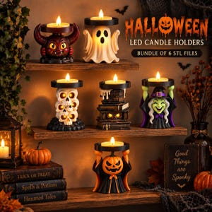 May include: Six Halloween LED candle holders featuring a red devil, a white ghost, a stack of three skulls, a stack of books, a green witch, and a pumpkin character. Each holder supports a small lit candle. Text reads HALLOWEEN LED CANDLE HOLDERS.