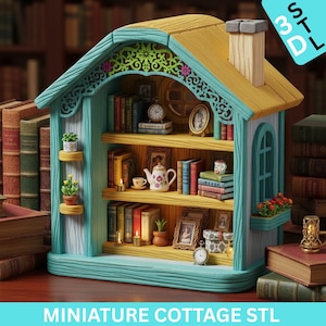 May include: A miniature cottage bookshelf in yellow, blue, and white, filled with tiny books, a teapot, and framed pictures. The cottage has a chimney and decorative trim. The text "MINIATURE COTTAGE STL" is at the bottom.