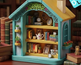 May include: A miniature cottage bookshelf in shades of yellow, blue, and white, filled with tiny books, a teapot, and framed pictures. The cottage has a chimney and decorative trim. The text "MINIATURE COTTAGE STL" is at the bottom.