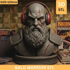 May include: A gray bust of a bald warrior with a long beard and red headphones. The bust has a scar across the face and is labeled "BALD WARRIOR STL". The size is 120mm.