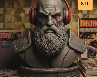 May include: A gray bust of a bald warrior with a long beard and red headphones. The bust has a scar across the face and is labeled "BALD WARRIOR STL". The size is 120mm.