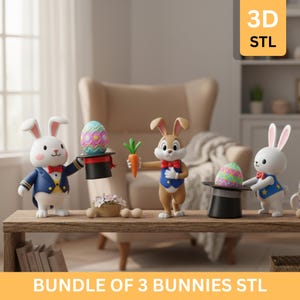 May include: A collection of three Easter bunny figurines. One bunny wears a blue suit and holds a decorated egg. Another bunny holds a carrot, and the third holds a decorated egg in a top hat. The text "3D STL" is in the upper right corner.