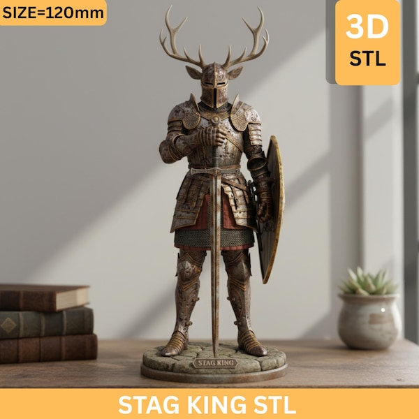 Stag King STL File – Medieval Knight with Antler Helmet – Warrior 3D Print Model