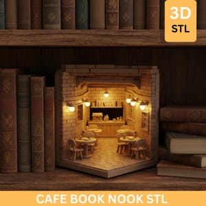 STL-bestand Cafe Book Nook | Boekenplankdecor: miniatuur coffeeshop
