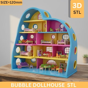 Puede incluir: Una colorida casa de muñecas con un diseño único en forma de burbuja. La casa de muñecas tiene múltiples niveles con muebles en miniatura, incluyendo camas, mesas y sillas. El exterior es azul, con paredes interiores amarillas y rosas. El texto "BUBBLE DOLLHOUSE STL" está abajo.
