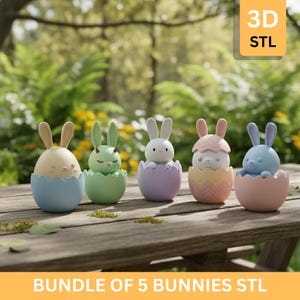 Peut inclure: Cinq figurines de lapins de Pâques colorés, chacun sortant d'une coquille d'œuf fissurée. Les lapins sont dans des couleurs pastel, dont le bleu, le vert, le rose et le jaune. Le texte "3D STL" et "BUNDLE OF 5 BUNNIES STL" sont visibles.