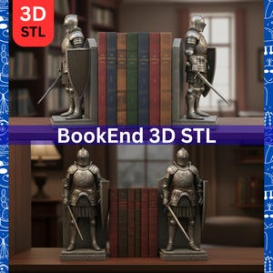 Könnte beinhalten: Silberne Ritterrüstungs-Buchstützen mit Schwert und Schild, die eine Reihe von Büchern einrahmen. Die Buchstützen stehen auf einem Holzregal. Der Text "BookEnd 3D STL" wird auf einem lila Banner angezeigt.