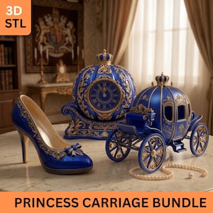 May include: A 3D STL bundle featuring a high-heeled shoe, a round clock, and a carriage, all in royal blue with intricate gold filigree detailing. The clock is topped with a crown, and the carriage features four wheels and a crown ornament.