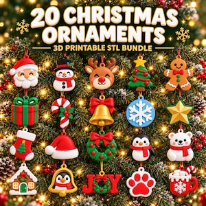May include: A collection of 20 Christmas ornaments featuring 3D printable STL designs including Santa, a snowman, reindeer, tree, gingerbread man, gift, candy cane, bell, snowflake, star, stocking, hat, wreath, penguin, bear, house, and JOY text.