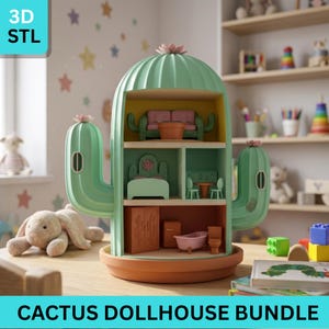 May include: A mint green cactus-shaped dollhouse with several levels, furnished with miniature furniture and decor. The dollhouse has a brown base and is decorated with pink flower accents. The text "3D STL" and "CACTUS DOLLHOUSE BUNDLE" are visible.