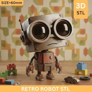 May include: A retro-style robot with large, round eyes and a sad expression. The robot is primarily brown and red, with a small antenna. The text "RETRO ROBOT STL" is at the bottom, and the size is 60mm.