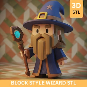 Könnte beinhalten: Eine 3D-gerenderte Block-Stil-Zauberer-Figur. Der Zauberer trägt eine blaue Robe und einen Hut mit goldener Schnalle und Stern. Er hat einen langen, beigen Bart und hält einen braunen Stab mit einem blauen Edelstein. Der Text "3D STL" und "BLOCK STYLE WIZARD STL" ist enthalten.