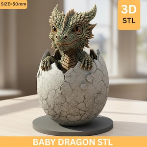 May include: A detailed 3D-printed baby dragon emerging from a cracked egg. The dragon is green and brown, with intricate scales and large eyes. The egg is gray, and the base is a dark gray circle. The text "BABY DRAGON STL" is at the bottom.