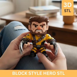 May include: A yellow and black block-style hero figure with brown hair and a stern expression, holding silver claws. The figure has a brown belt and straps. The image includes the text "3D STL" and "BLOCK STYLE HERO STL".