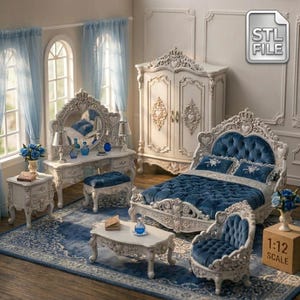 May include: A miniature bedroom furniture set in 1:12 scale, featuring an ornate white bed frame with deep blue tufted upholstery, a matching wardrobe, vanity with mirror, nightstand, coffee table, and armchair, all set on a blue patterned rug.