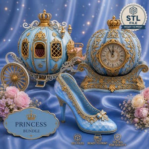 Può includere: Un set di file digitali stampabili in 3D con una carrozza azzurra e oro, un orologio a forma di zucca con numeri romani e una scarpa con tacco alto. Il set include un'etichetta con scritto PRINCESS BUNDLE e icone per file STL.
