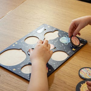STEM Space Learning Toy, Solar System Montessori Planets Board Game, Educational Gift for Toddler Boy or Girl, Eco Friendly Wood Puzzle