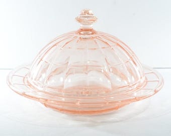 Beurrier en verre Colonial Block Optique coloniale en verre dépression rose de l'Atlas, couleur noisette, couvercle fabriqué aux États-Unis