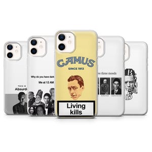 May include: Several phone cases are displayed, each with a unique design. One case has the text "GAMUS SINCE 1913" and a portrait, with the words "Living kills." Other cases feature quotes and portraits.