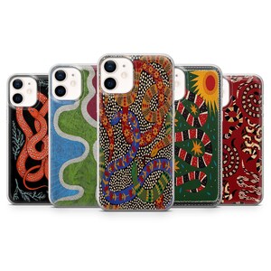 May include: A collection of five phone cases with colorful snake designs. The cases feature various patterns, including red, blue, and green snakes, with intricate details and a clear protective border. The designs are set against black, blue, green, and red backgrounds.