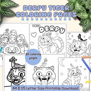 May include: A collection of 20 printable coloring pages featuring black and white line art of tigers with large eyes and birds on their heads. The text reads Derpy Tiger Coloring Pages and A4 & US Letter Size Printable Download.