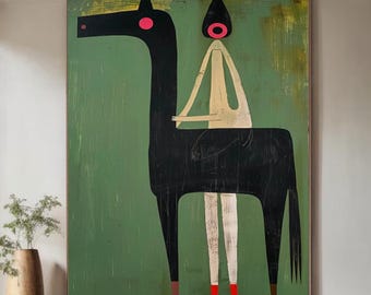 Groot abstract grillig paard en figuur olieverfschilderij op canvas getextureerde midden van de eeuw muurkunst originele groene achtergrond muur deocr