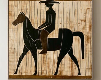 Grote abstracte cowboy te paard groot abstract olieverfschilderij op canvas getextureerde beige muurkunst getextureerde originele muur Deocr