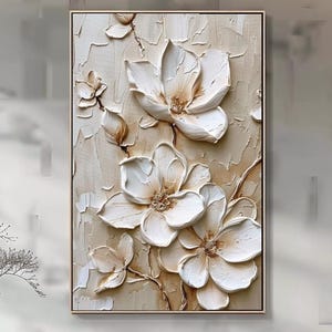 Große 3D weiße Blume Original Ölgemälde auf Leinwand strukturierte Blumenwand Kunst Original weiße und beige Blume dick gemalten Wanddeocr