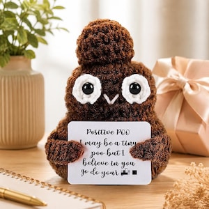 Op de afbeelding: Een bruin gehaakte figuur in de vorm van een lachende poep-emoji, met een kaart met de tekst "Positive POO". De figuur heeft grote, witgerande ogen met zwarte pupillen. Een cadeauverpakking met een lint staat op de achtergrond.