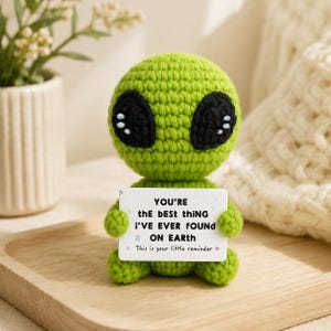 May include: A green crocheted alien figure with large black eyes and a small sign that reads "YOU'RE the best thing I'VE EVER FOUND ON EARTH. This is your little reminder."