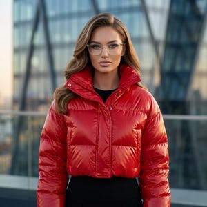 Women’s Red Cropped Puffer Jacket – Glossy Winter Bubble Coat – Trendy Short Quilted Jacket